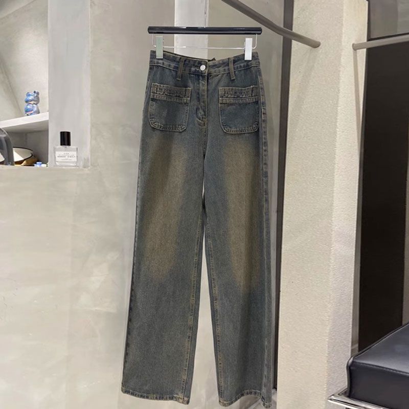 水泥灰美式高腰直筒牛仔褲女窄版特色口袋設計寬鬆拖地闊腿長褲子