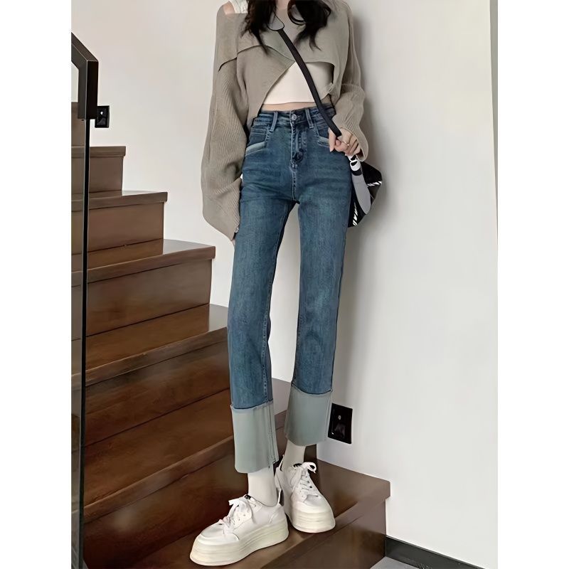 設計感翻邊彈力直筒牛仔褲女2023新款秋冬高腰顯瘦百搭時尚煙管褲