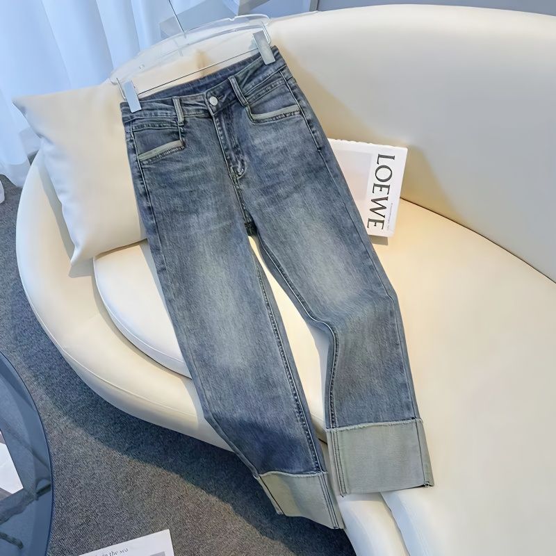 復古藍直筒牛仔褲女秋冬季新款高腰顯瘦顯高褲牛仔煙管褲女彈力