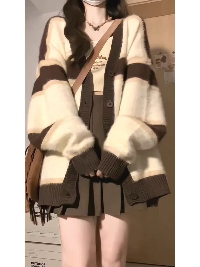 復古v領撞色條紋馬海毛毛衣女秋冬外穿奶fufu寬鬆慵懶風開衫外套