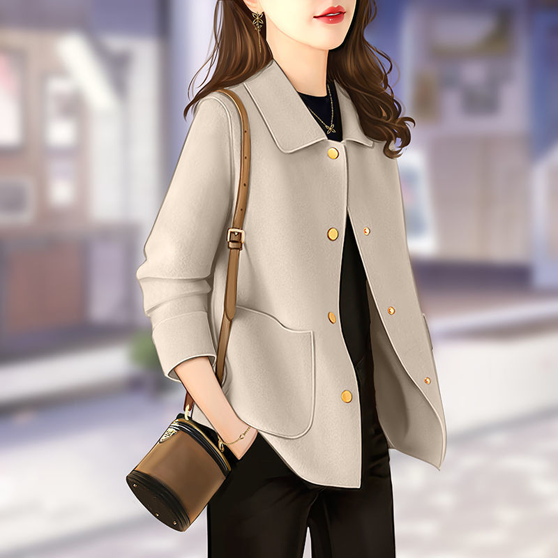 雙面羊絨大衣女短款2023年新款春秋冬季小個子燕麥色羊毛毛呢外套