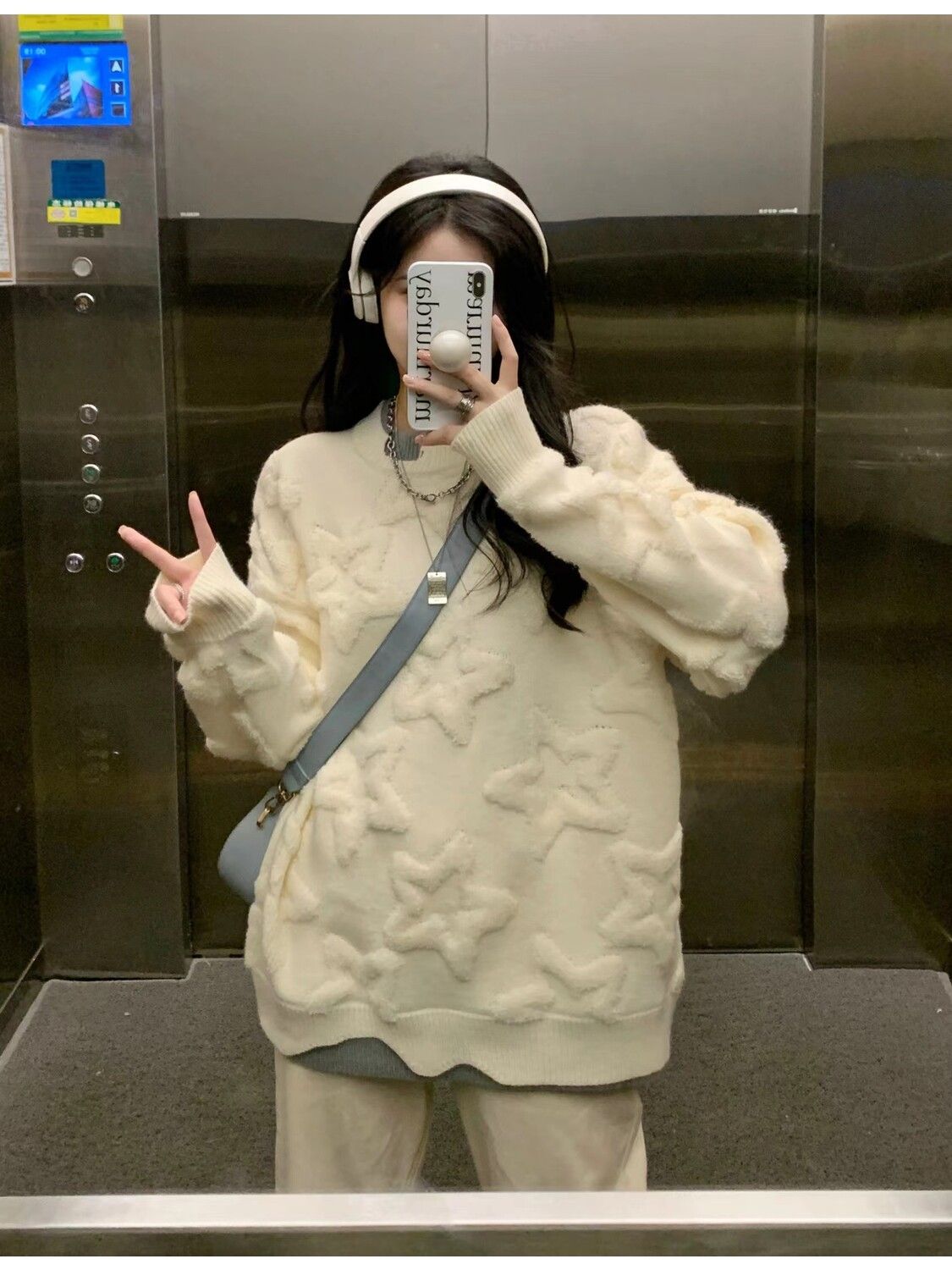 假兩件星星提花毛衣女春秋日系慵懶風復古設計感小眾外套奶系穿搭