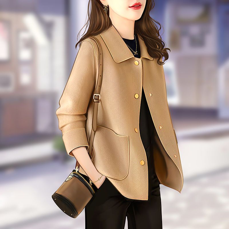駝色雙面羊絨大衣女短款2023年春秋新款小個子娃娃領羊毛毛呢外套
