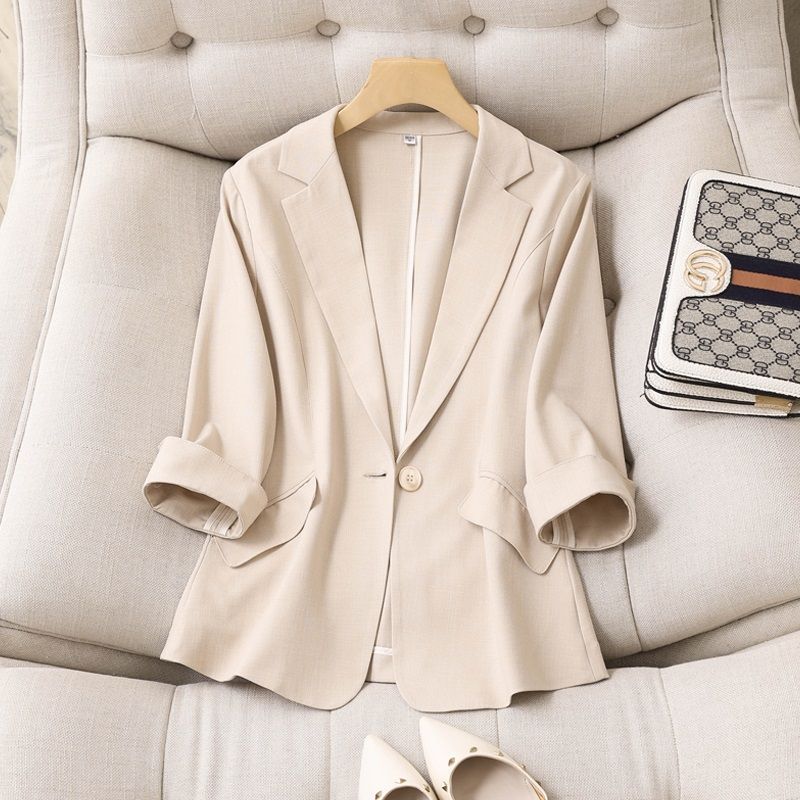 Spring and Autumn New Korean Style Tencel Linen Small Suit Jacket Women's Thin Apricot Color Three-quarter Sleeve Slim Suit Top for Women