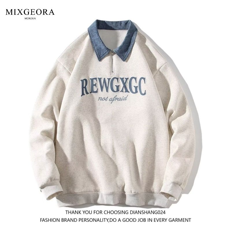 MIX GEORA half-zip sweatshirt men's and women's denim splicing shirt collar fake two-piece autumn couple polo shirt trendy
