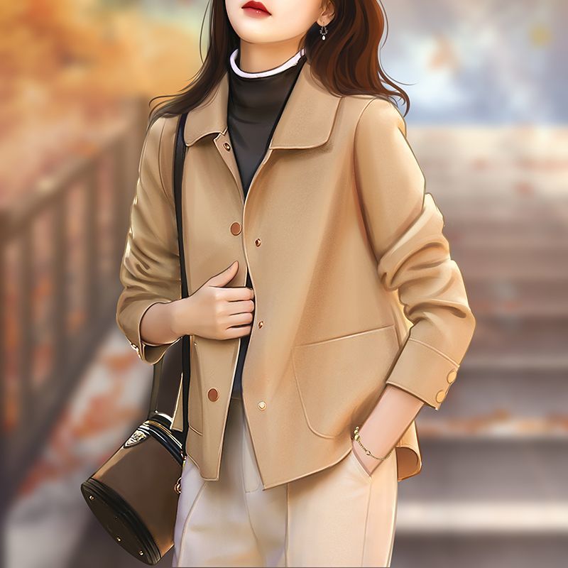 雙面羊絨大衣女2023年新款春秋季小個子短款高端駝色羊毛毛呢外套