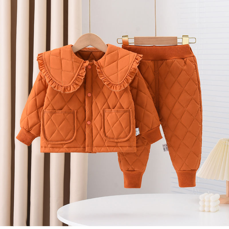 女童夹棉冬季套装2023新款儿童棉衣加棉两件套洋气娃娃领宝宝棉服