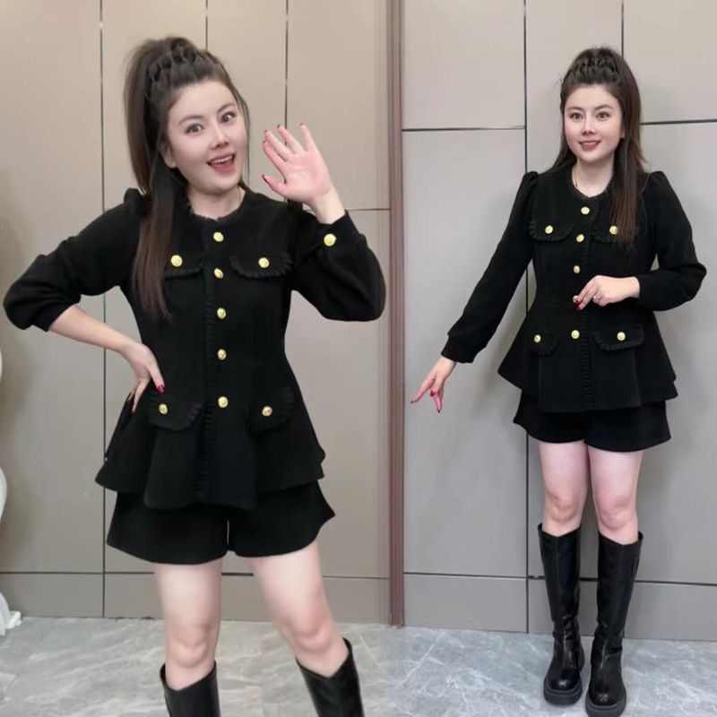 2023年秋季新款胖妹妹大碼套裝女時尚遮肉顯瘦長袖上衣短褲兩件套