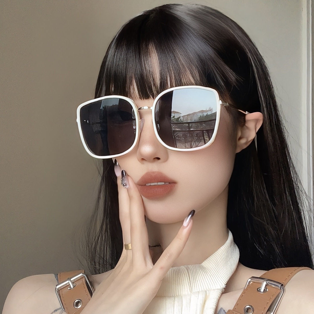 奶白框墨鏡女潮夏季2023年新款gm太陽眼鏡海邊高級感防紫外線ins