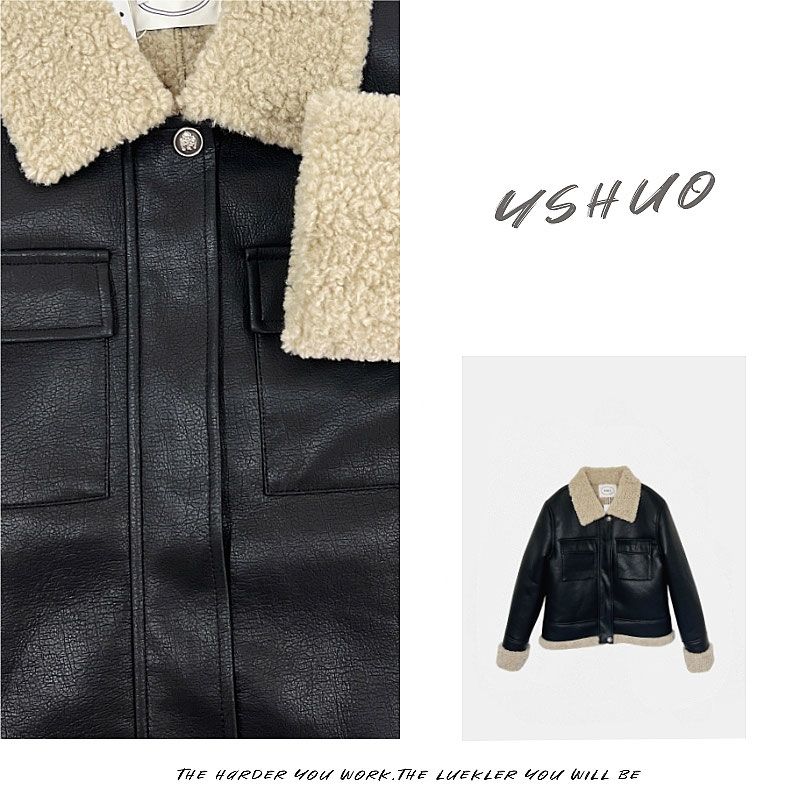 [Retro Samsara] Korean style winter temperament, thickened splicing lapel lamb fur all-in-one jacket for women