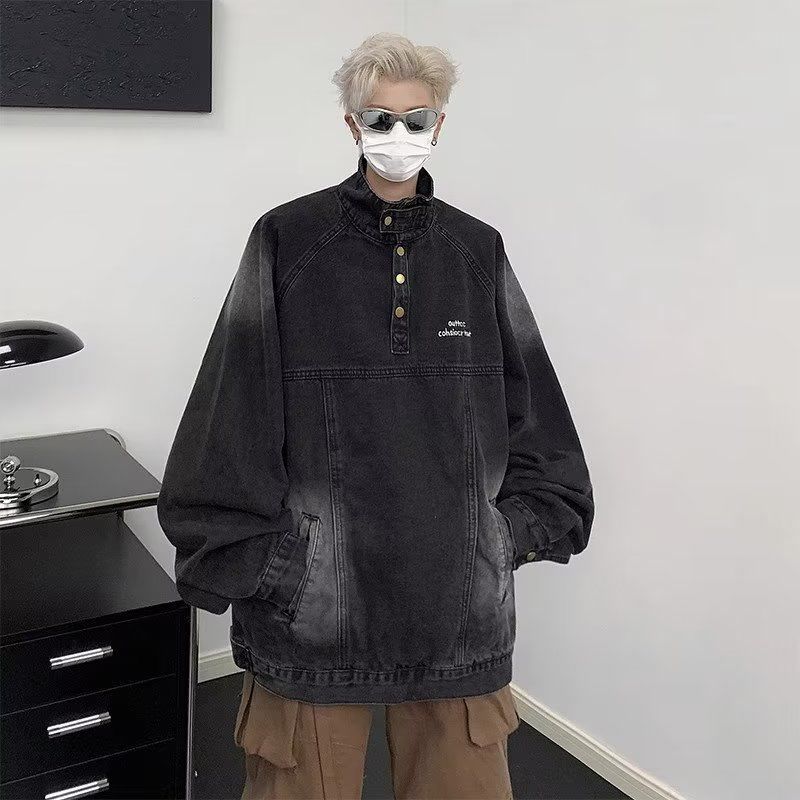 春秋高街vintage水洗牛仔外套夾克男痞帥高級感寬鬆休閒套頭上衣