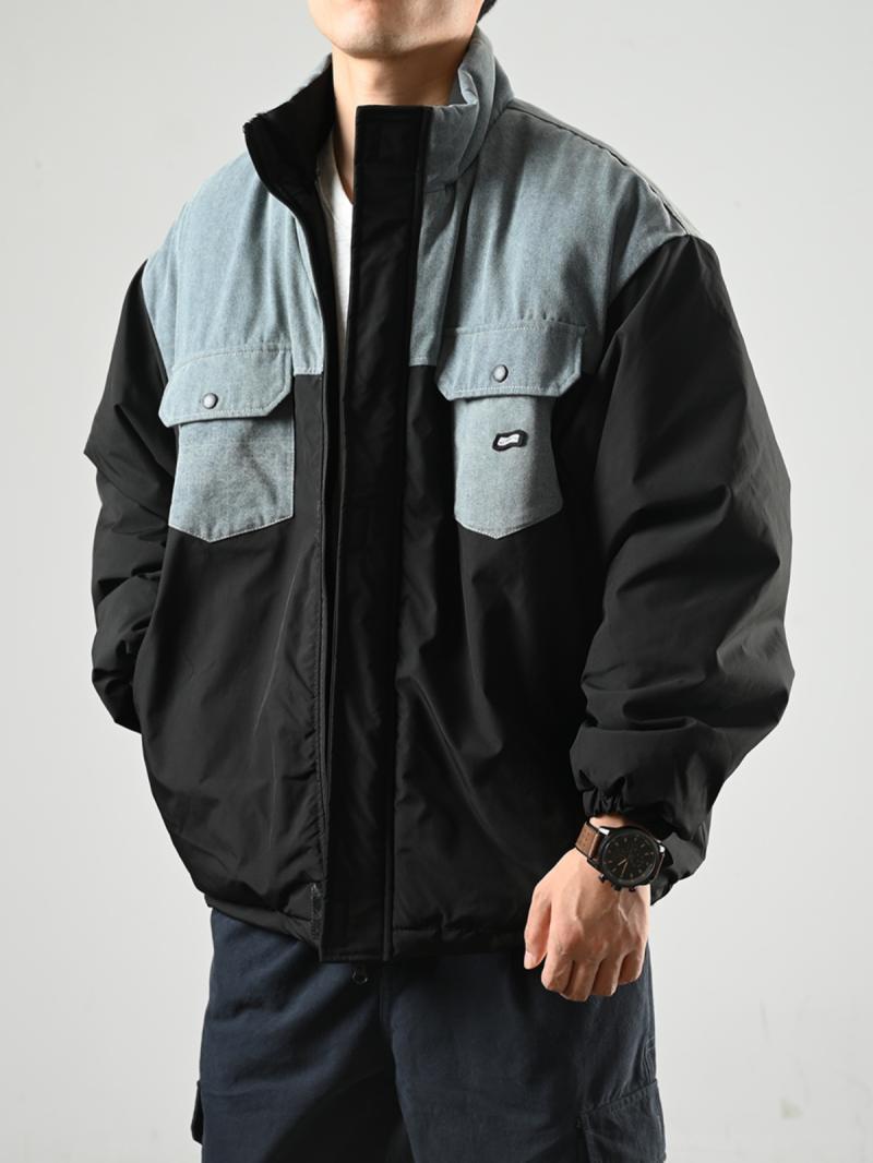 XGI winter American versatile retro contrasting color stitching stand collar cotton coat for men and women trendy brand street thickened couple cotton coat