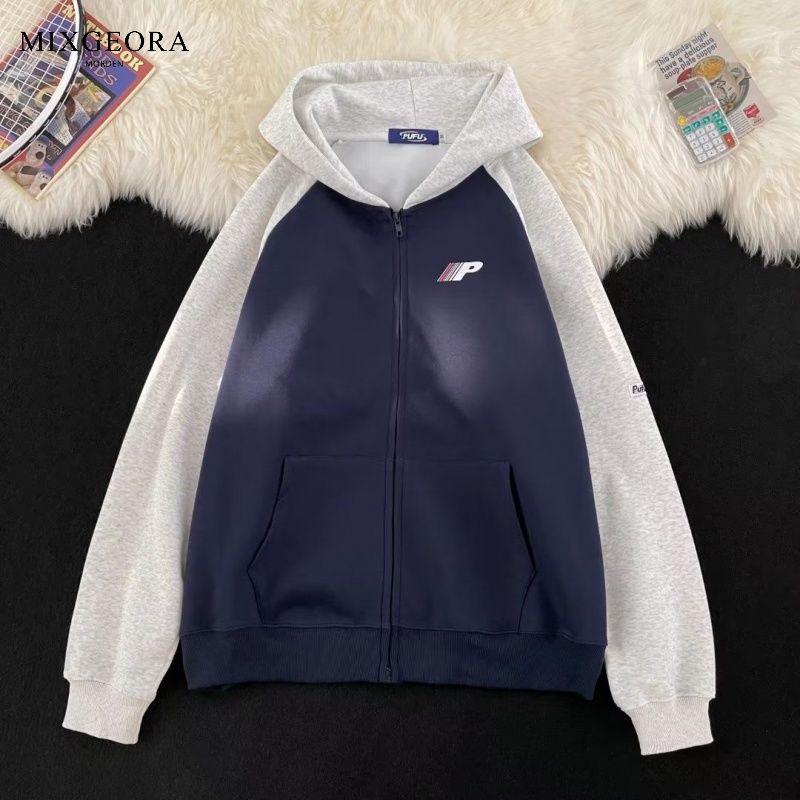 MIX GEORA patchwork contrasting color cardigan hooded sweatshirt for men and women in autumn and winter trendy brand loose casual couple jackets