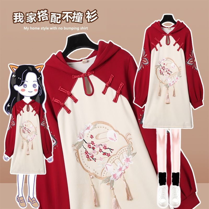 原創大碼女裝國風元素國潮加絨加厚衛衣裙拜年服漢服改良冬裝2022
