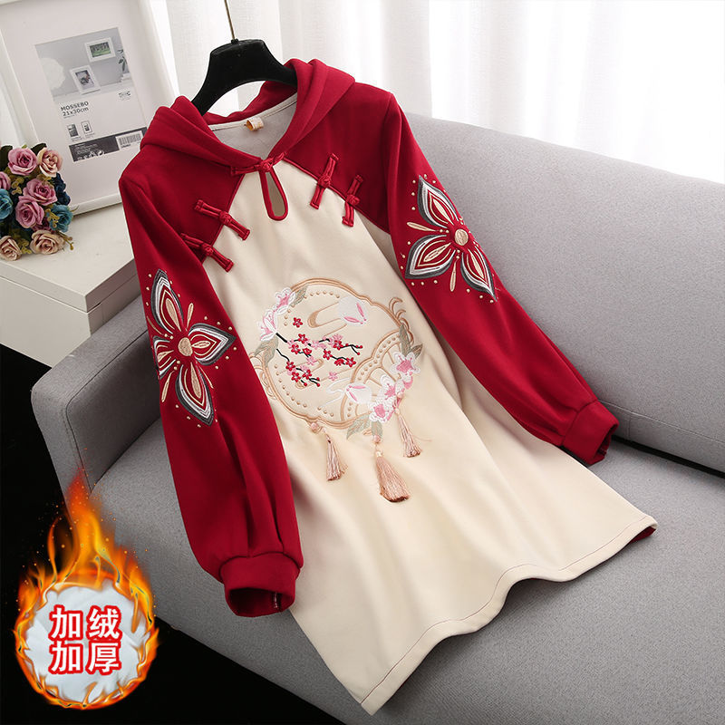 【棉料】大碼女裝原創衛衣裙中國風中長款加絨加厚拼接漢服裙子女