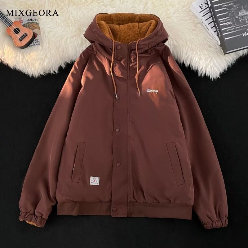 MIX GEORA兩面穿羊毛羔棉衣男女款復古潮牌刺繡潮流連帽棉服外套