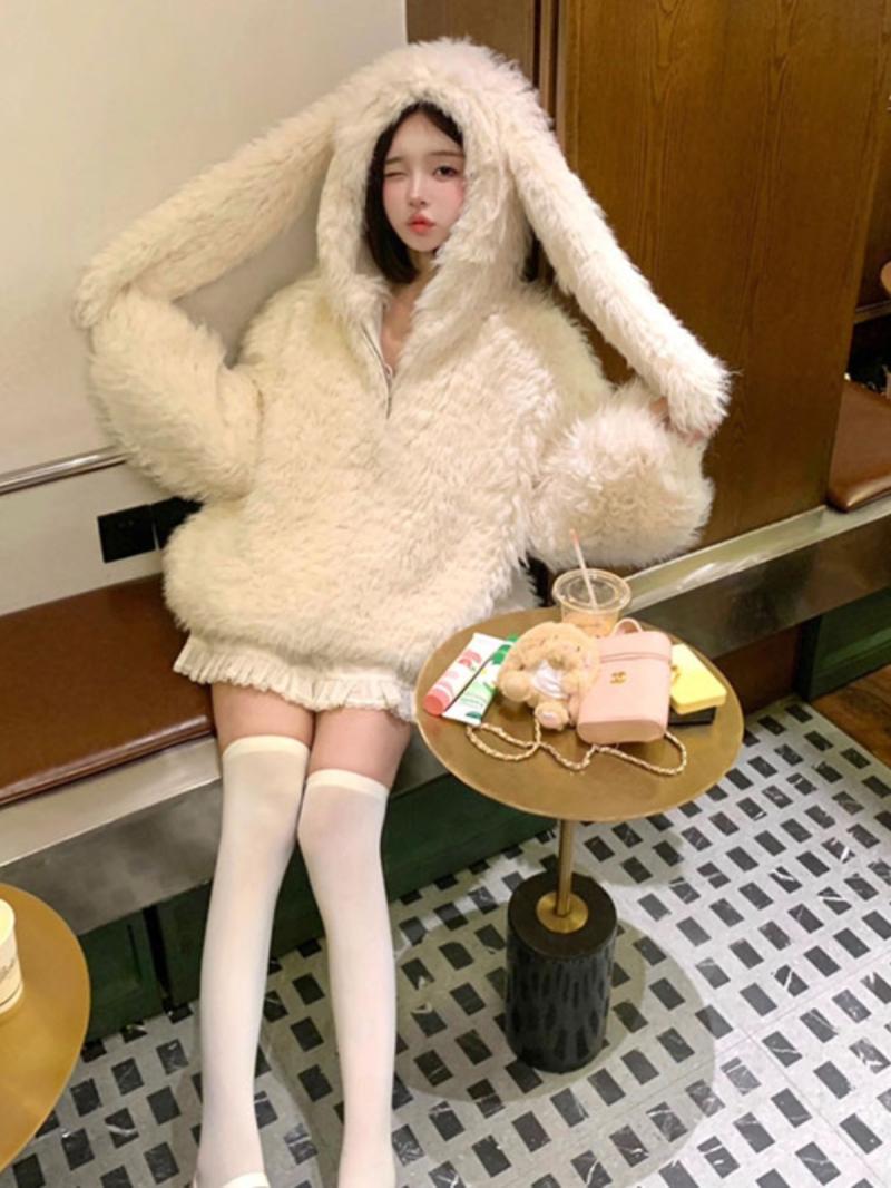 兔耳朵可愛羊羔毛外套女冬季2023新款寬鬆加絨加厚軟糯毛茸茸棉服