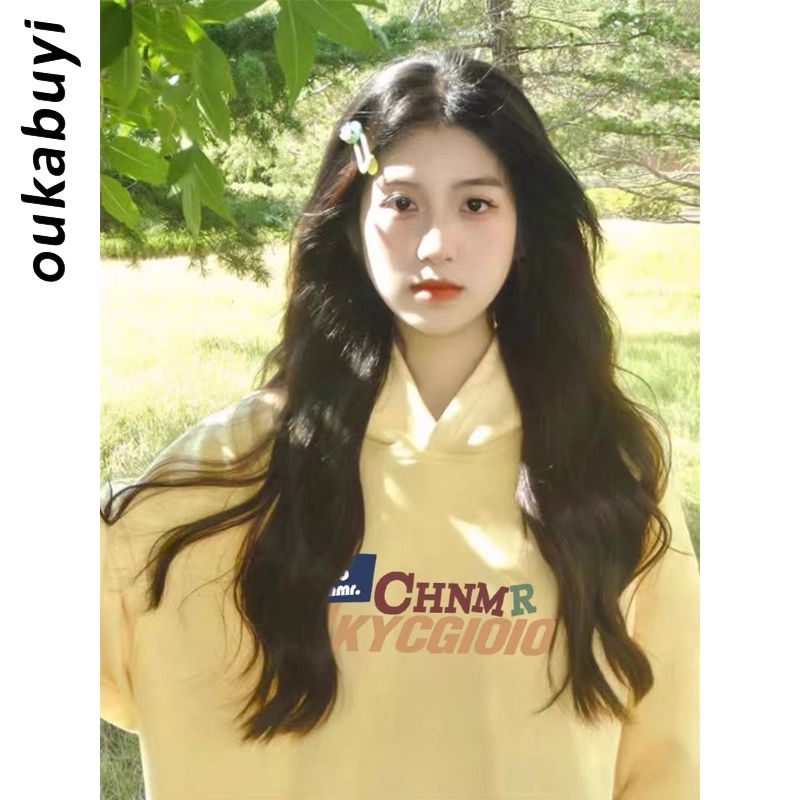 OUKABUYI100%純棉字母圖案印花連帽女學院風寬鬆長袖oversize上衣