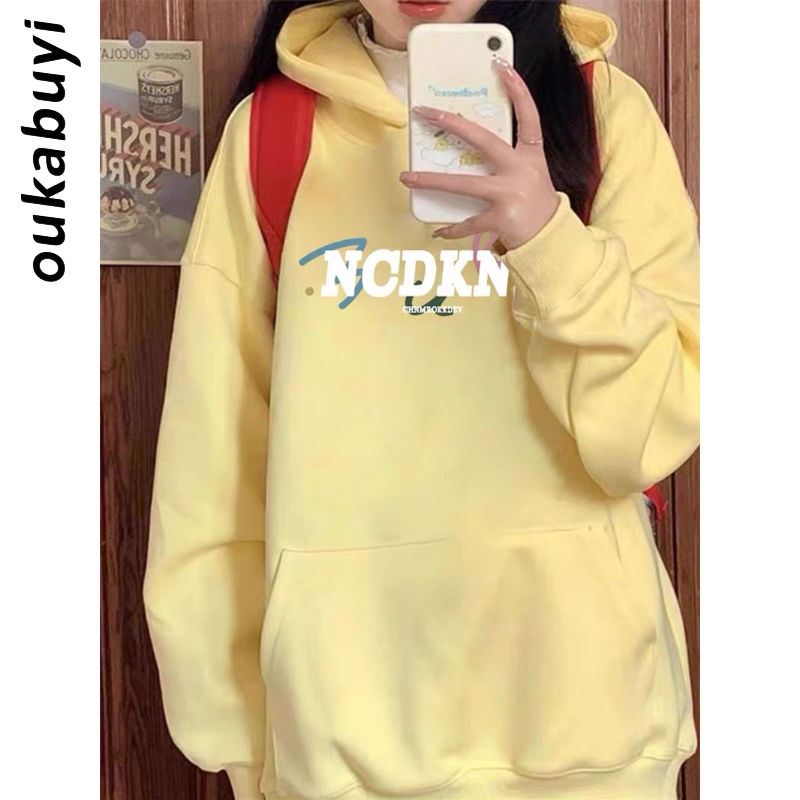 OUKABUYI100%純棉字母印花秋季連帽女學院風寬鬆長袖oversize上衣