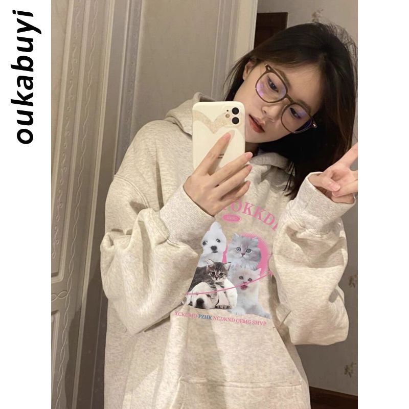 OUKABUYI100%純棉貓貓狗狗印花連帽女學院風寬鬆長袖oversize上衣