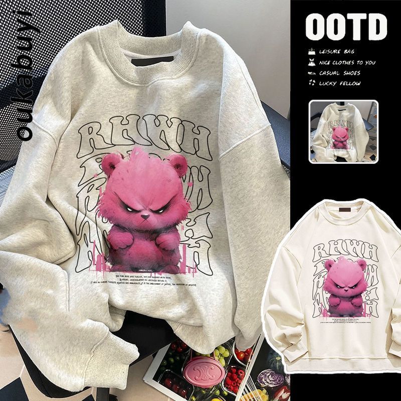 OUKABUYI100%純棉圓領衛衣女秋冬學院風甜美情侶外穿顯瘦上衣潮流