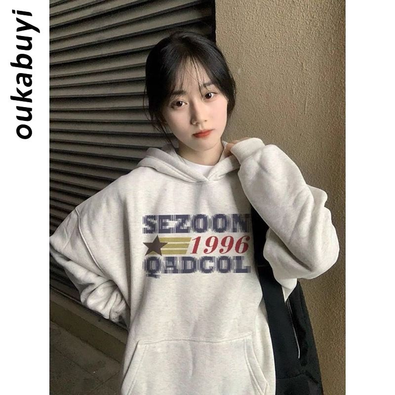 OUKABUYI100%純棉字母圖案印花連帽女學院風寬鬆長袖oversize上衣