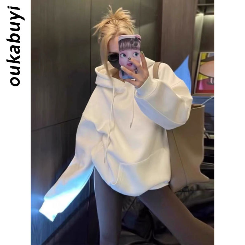 OUKABUYI100%純棉純色秋季連帽女學院風寬鬆長袖oversize薄款上衣