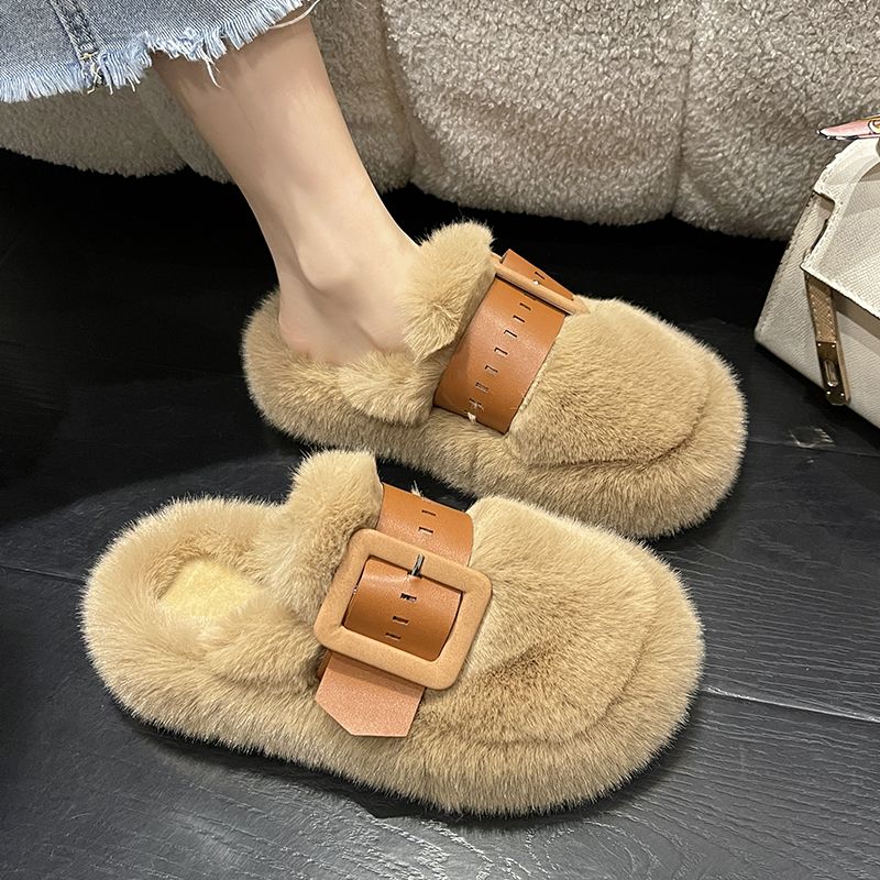 厚底網紅歐貨包頭毛毛拖鞋女外穿2022秋冬新款白色防滑毛絨棉拖鞋