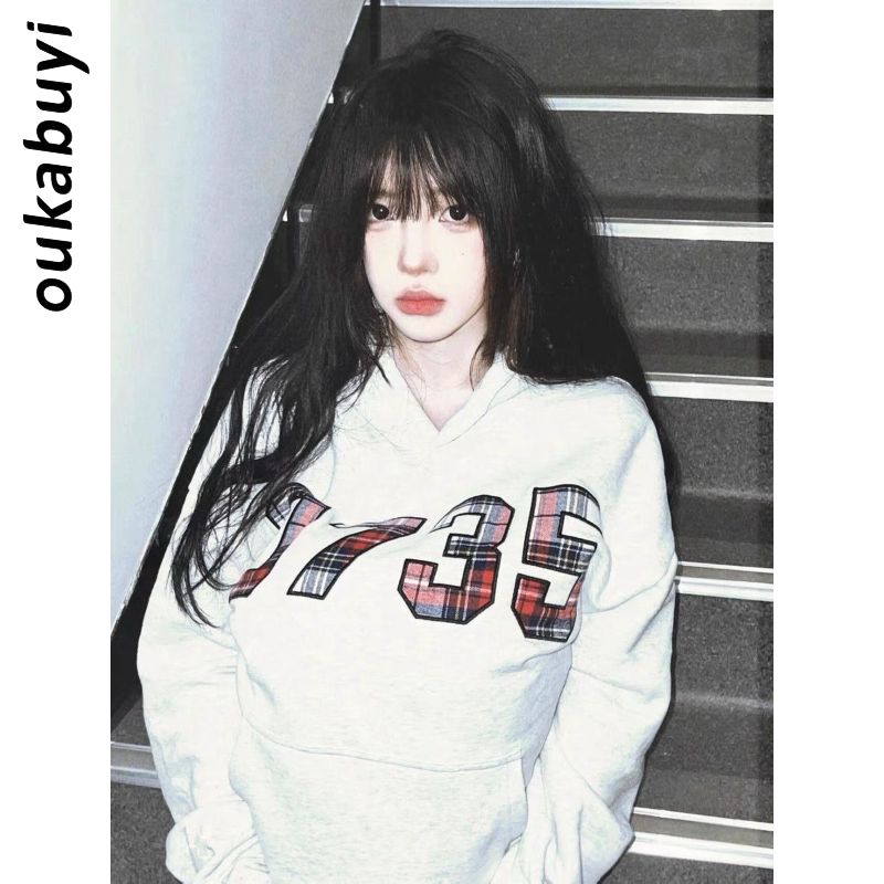OUKABUYI100%純棉0735格子印花連帽女學院風寬鬆長袖oversize上衣