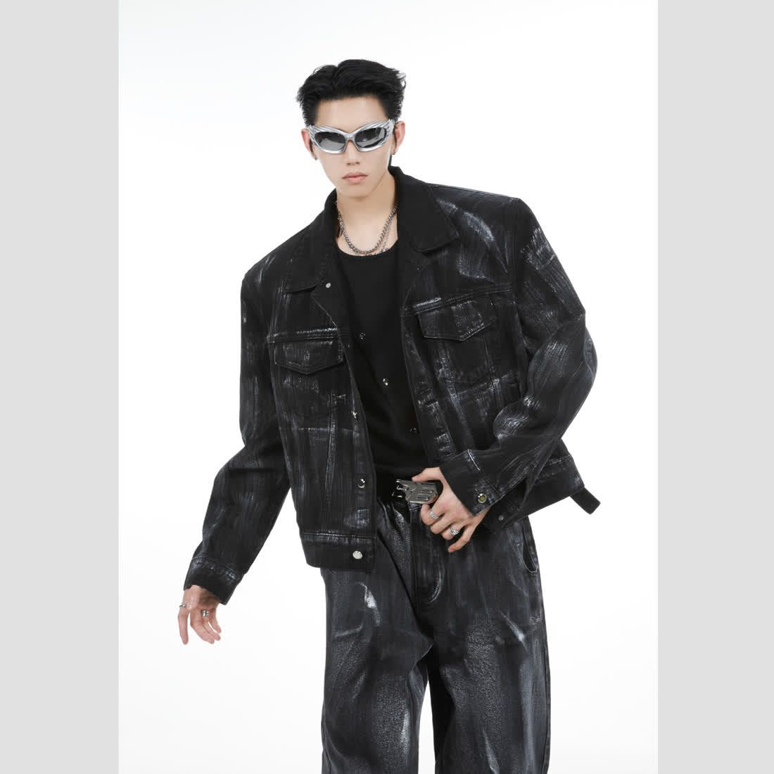 美式设计感刷漆扎染水洗黑色牛仔套装男高级感痞帅夹克外套两件套