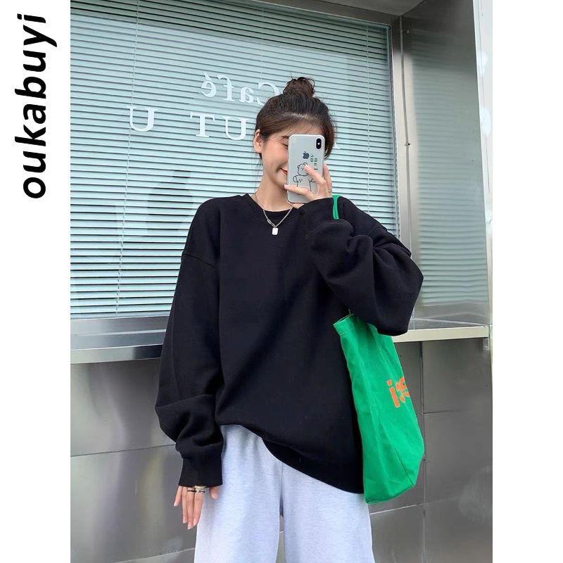 OUKABUYI100%純棉純色圓領秋季女學院風寬鬆長袖oversize上衣