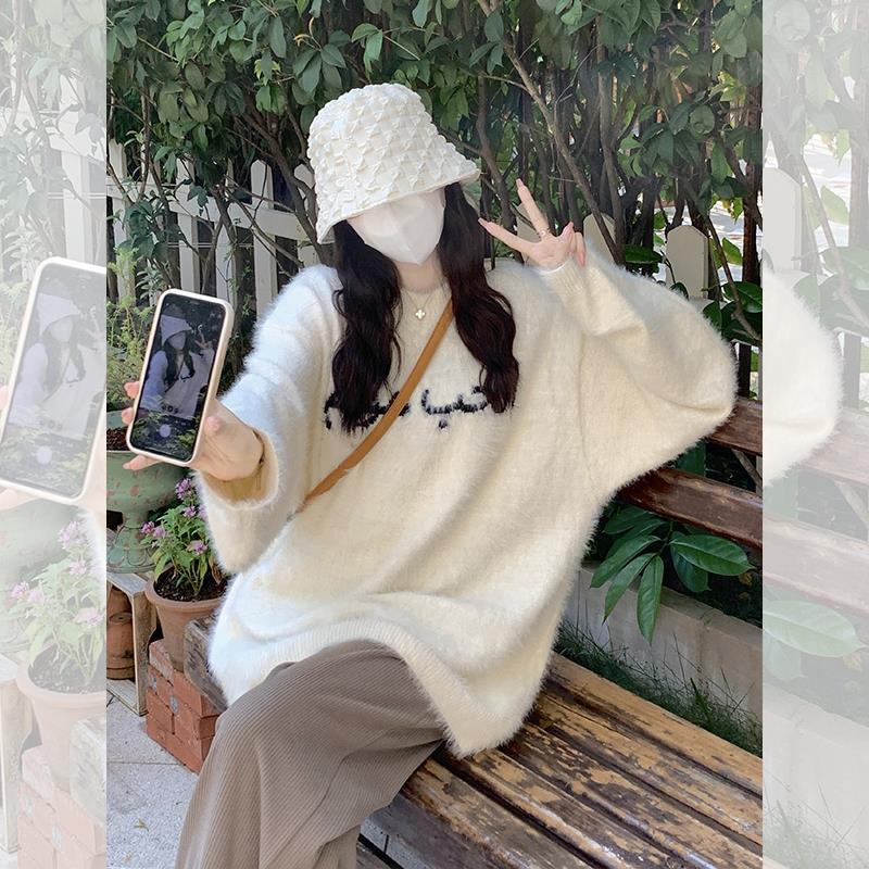 美式潮牌復古仿貂絨毛衣男女秋冬季新款寬鬆慵懶風針織衫套頭上衣