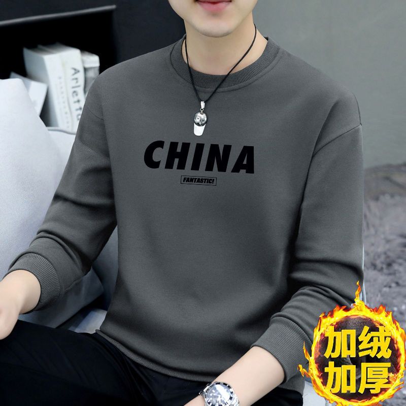 Thick velvet sweatshirt for men in autumn and winter, new round neck long-sleeved warm T-shirt, loose casual bottoming shirt, trendy top