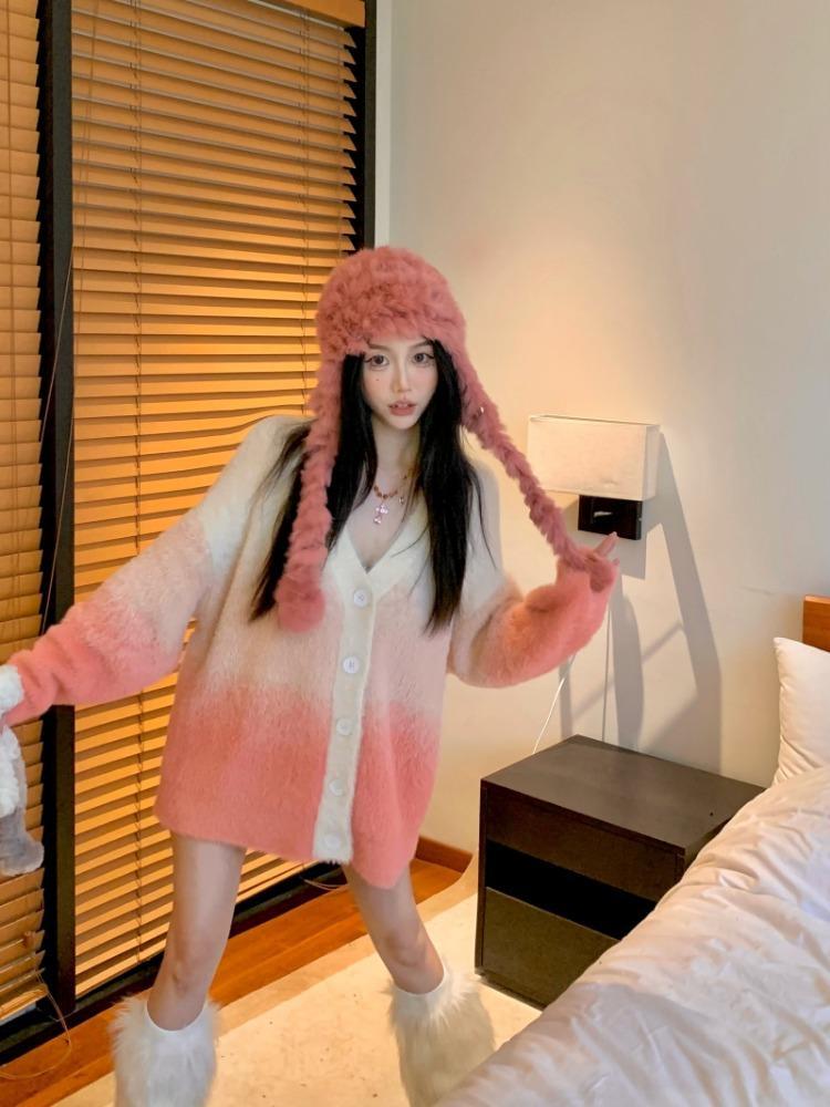 漸變粉色仿水貂毛v領毛衣外套女秋冬溫柔慵懶風寬鬆針織開衫上衣