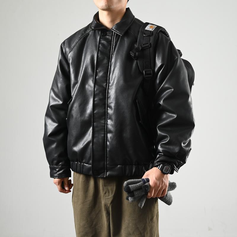 XGI  trendy brand popular versatile retro solid color motorcycle jacket cotton jacket for men and women street loose versatile PU leather