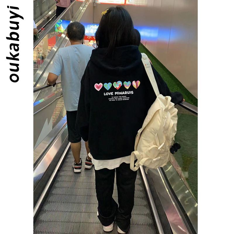 OUKABUYI100%純棉連帽衛衣女秋冬校園少女感多巴胺寬鬆運動上衣