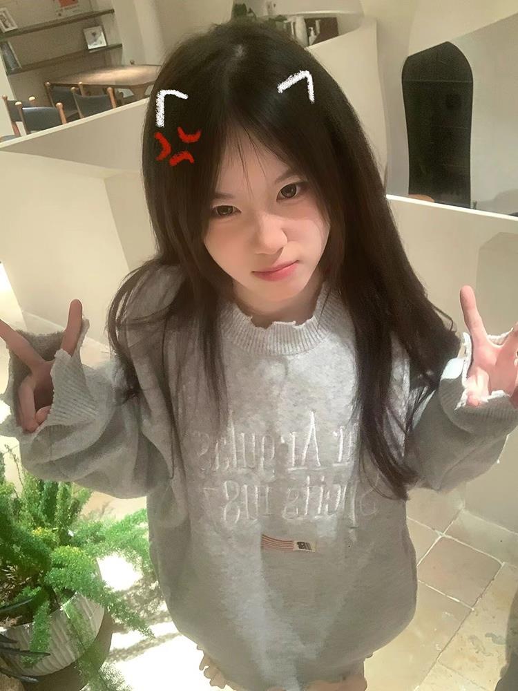 美式復古灰色毛衣男女秋冬寬鬆外穿慵懶風設計感小眾套頭針織上衣