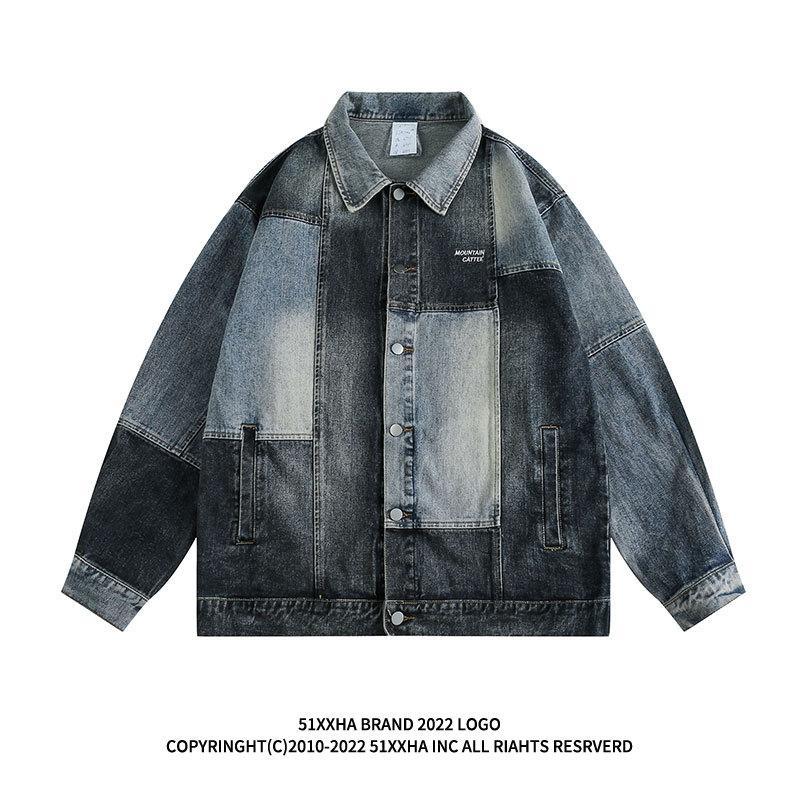 Spring and Autumn Design Contrast Color Washed Distressed Denim Jacket Trendy Brand American Hiphop Loose Casual Lapel Jacket