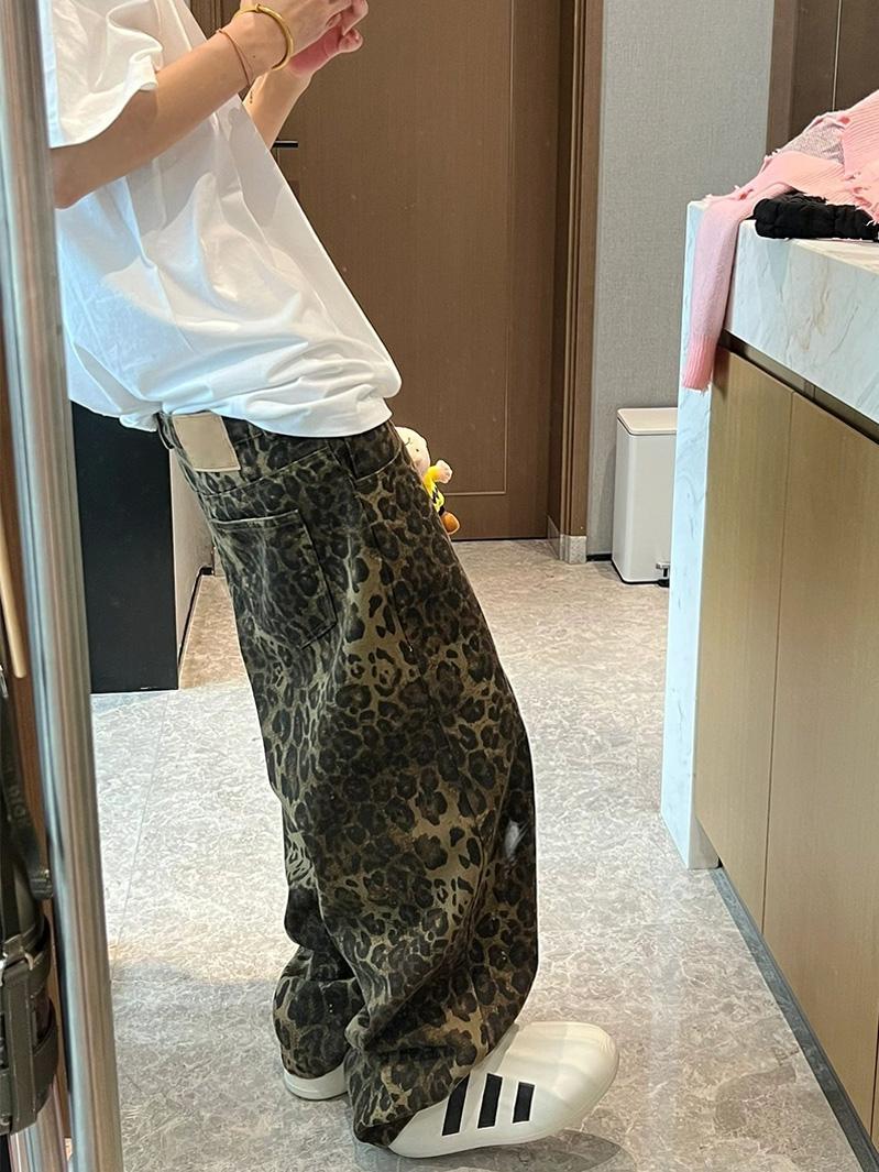 美式復古豹紋褲子水洗做舊牛仔褲男女春秋新款加長寬鬆休閒闊腿褲