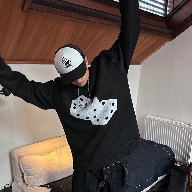 American high-end black dice pattern round neck sweater men's trendy brand pullover knitted top American street style autumn and winter