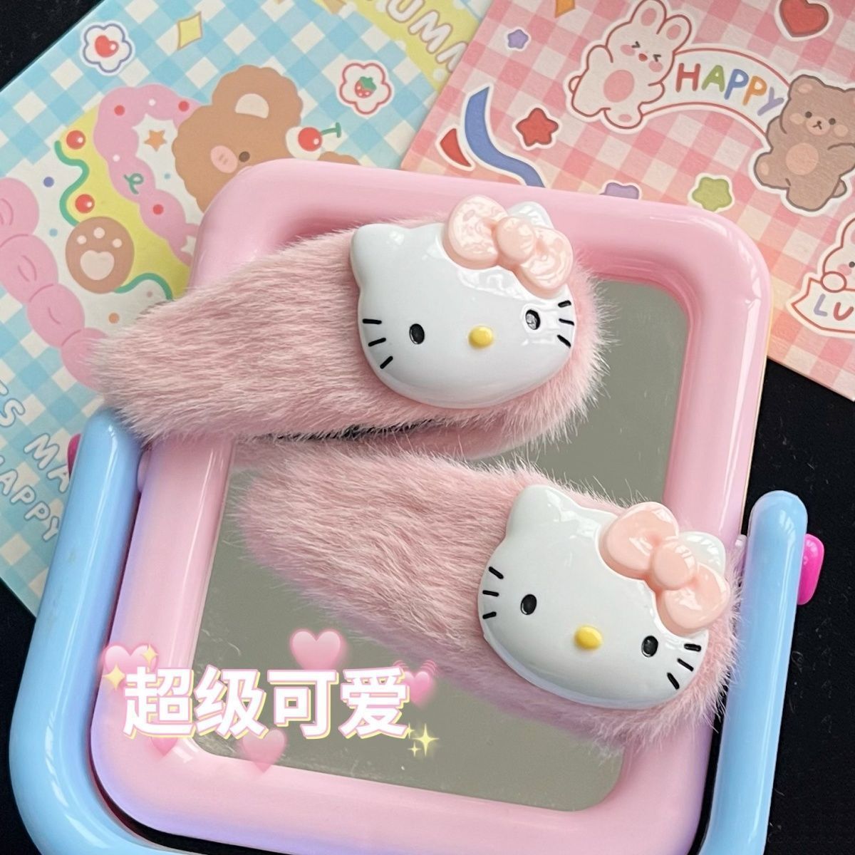 秋冬毛絨KT貓髮夾日系可愛卡通髮夾頭飾學生瀏海夾大號側邊夾子