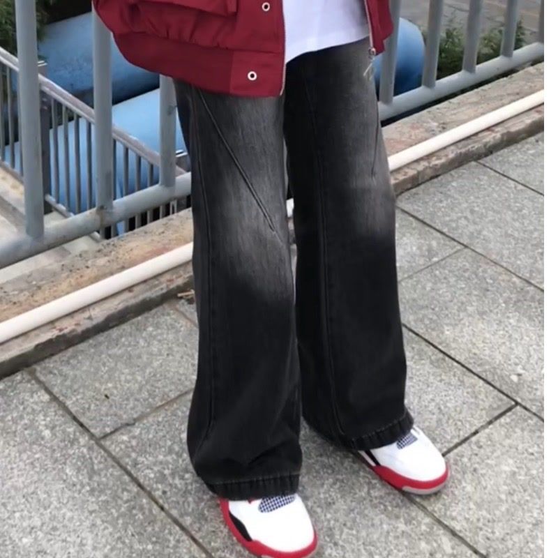 快手網紅同款美式水洗做舊微喇叭牛仔長褲男女寬鬆休閒百搭高級裝