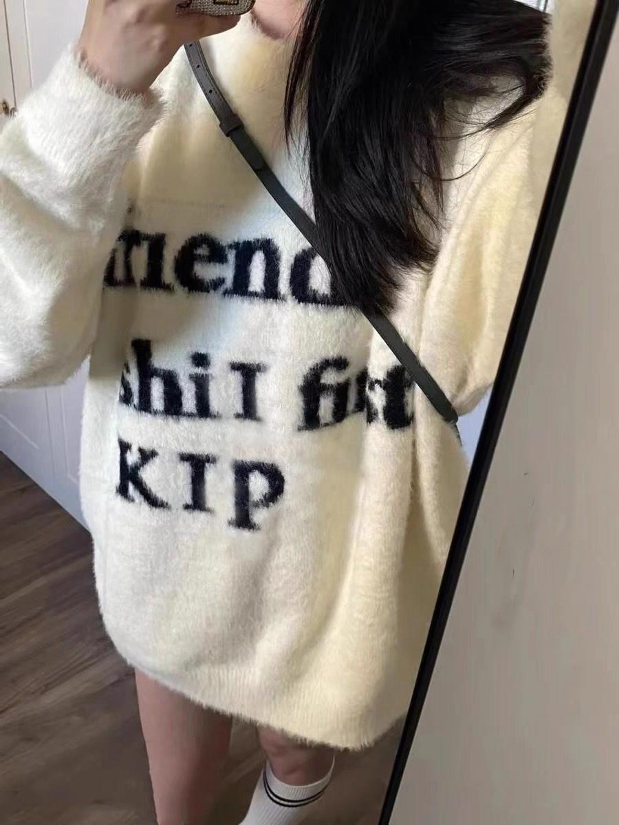 美式復古慵懶風字母仿貂絨軟糯毛衣男女秋冬寬鬆長袖針織衫上衣潮