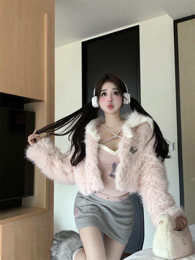 冬日綿綿秋冬季粉色短款長袖呢子大衣外套吊帶半身裙小個子套裝女