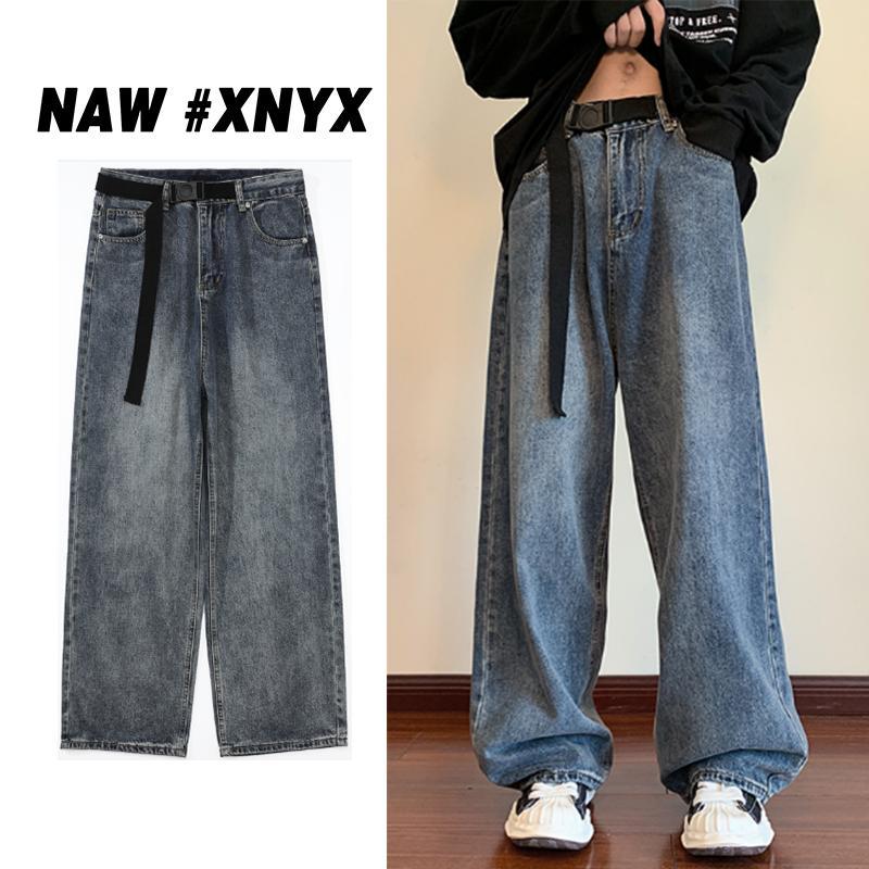 Retro blue loose wide-leg jeans design oldschool American pants Hong Kong style floor-length pants with drape