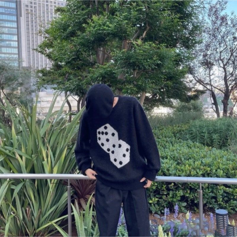 潮流黑色骰子圖案套頭寬鬆圓領毛衣男女街頭情侶美式高街針織毛衫