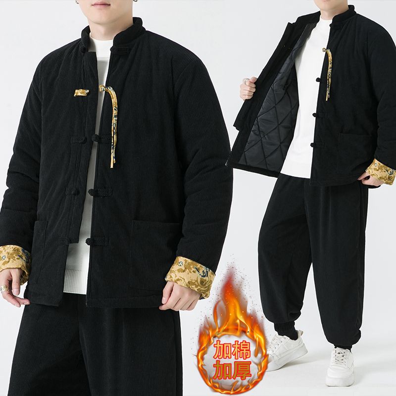新中式唐装棉袄中国风冬季加棉加厚灯芯绒套装复古宽松男士两件套