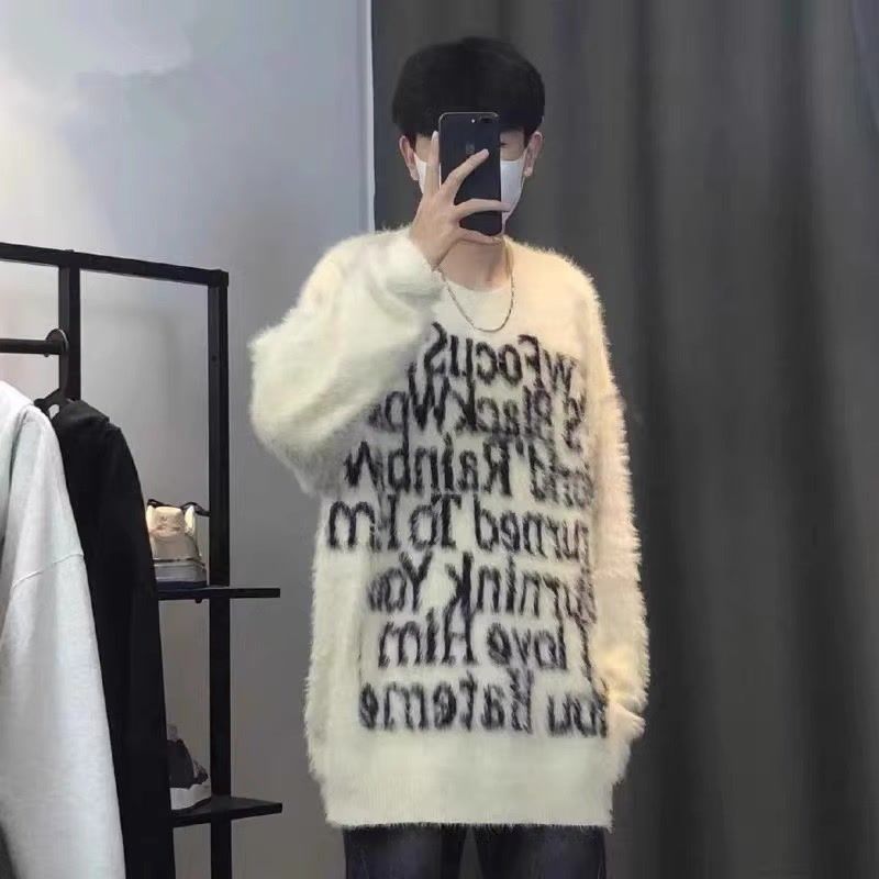 Kuaishou Maomao Acri American retro high street letter pullover knitted sweater for men and women couple loose round neck top trendy