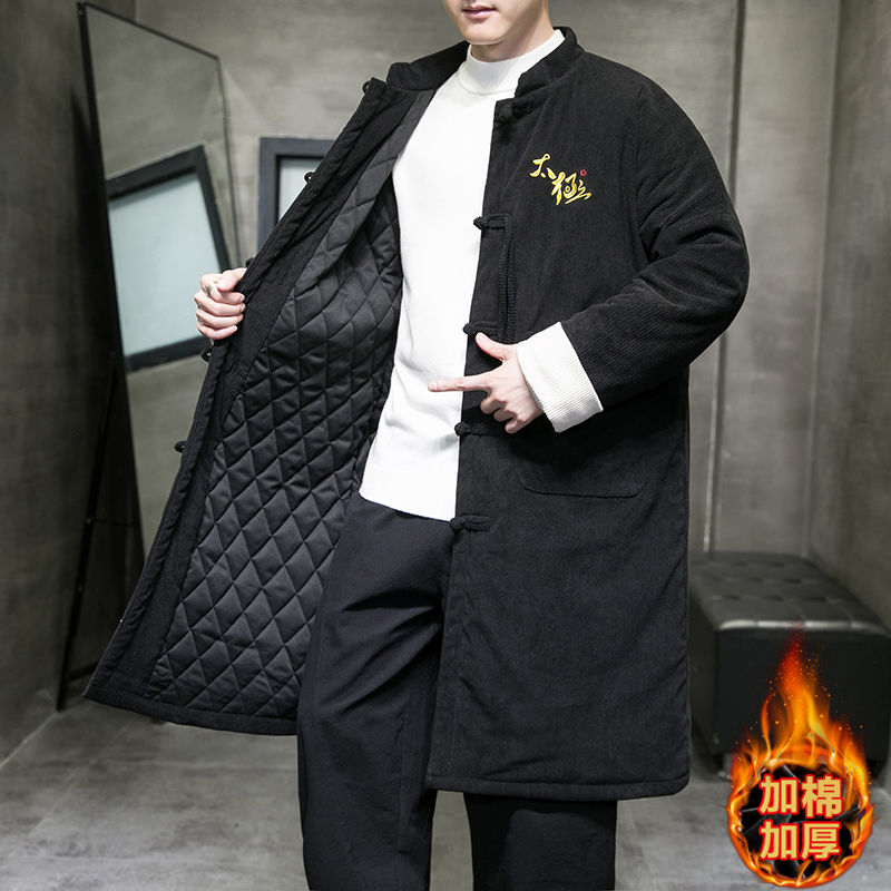 秋冬季男裝大碼中長款唐裝棉衣潮牌加厚保暖燈芯絨中國風棉服外套