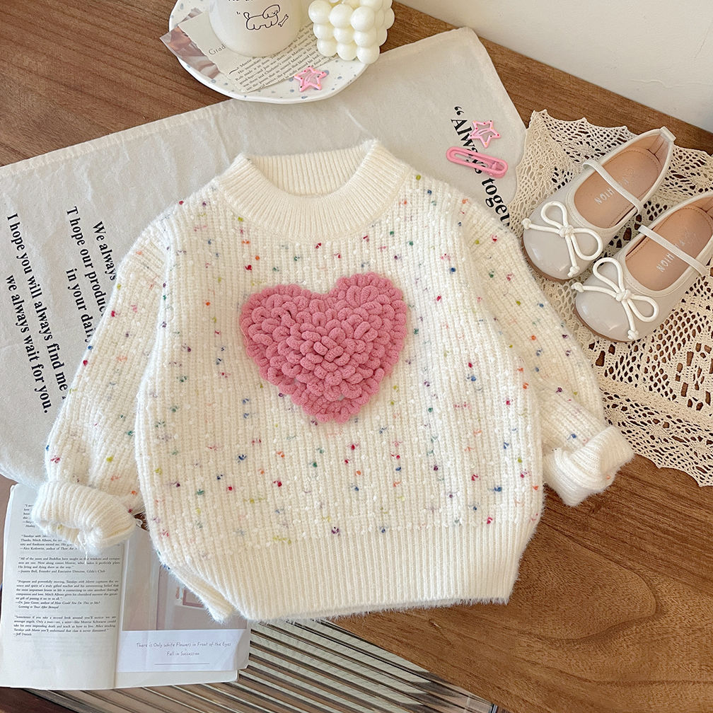 Girls Sweater 2023 New Spring and Autumn Korean Style Little Girls Love Top Warm Plush Knitted Sweater Trendy